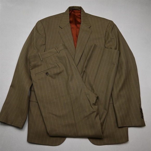 John Cooper 42L 36x32 Tan Brown Striped Wool USA Made Mens Jacket Pants Suit